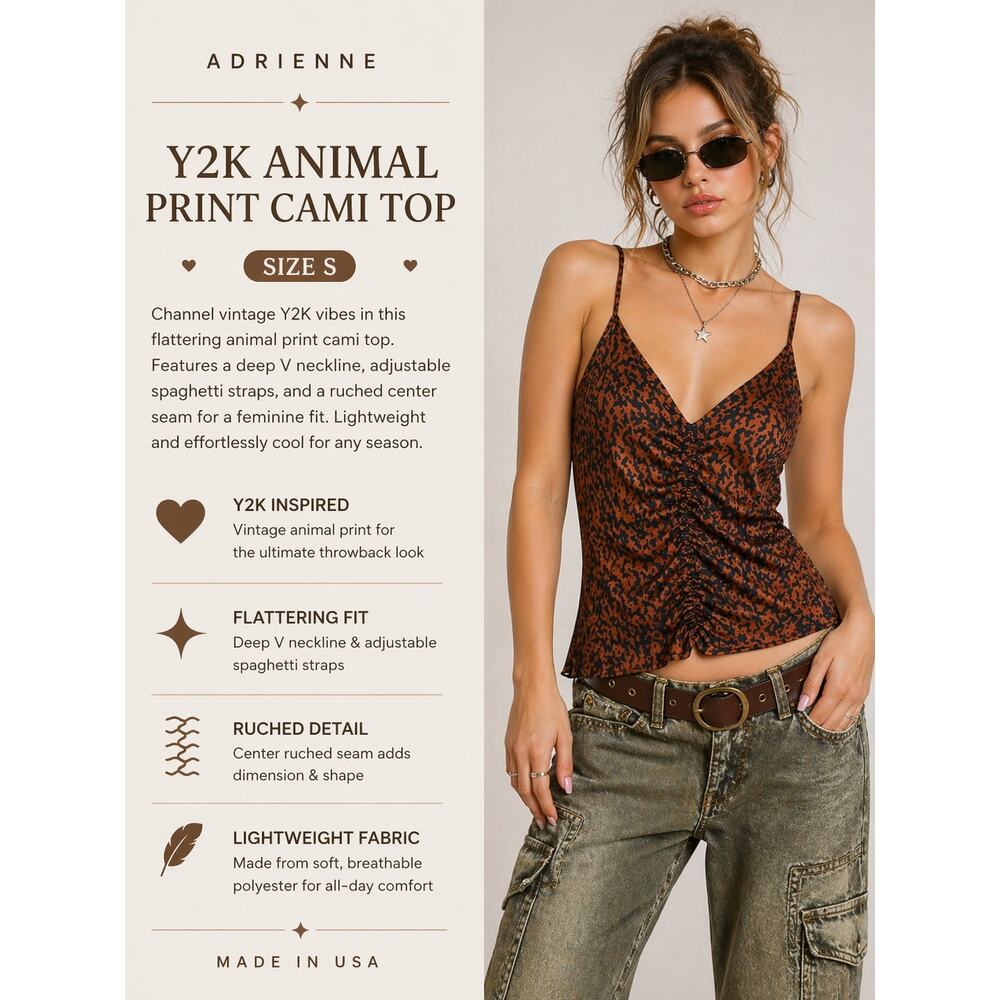 Adrienne Y2K Animal Print Cami Top Sz S Brown Ruched Spaghetti Strap